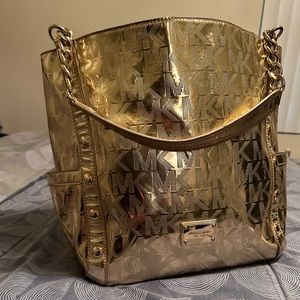 Michael Kors Gold MK Mirror Metallic Large Tote Bag